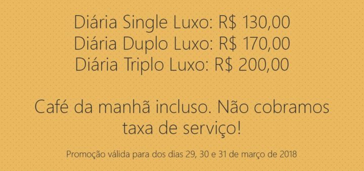 Tarifas promocionais para Semana Santa no Vitória Palace Hotel! Quinta à Domingo: Diária Single Luxo: R$ 130,00 Diária Duplo Luxo: R$ 170,00 Diária Triplo Luxo: R$ 200,00 Café da manhã incluso. Não cobramos taxa de serviço! Promoção válida para dos dias 29, 30 e 31 de março de 2018 #promocao #semanasanta #vitoriapalacehotel